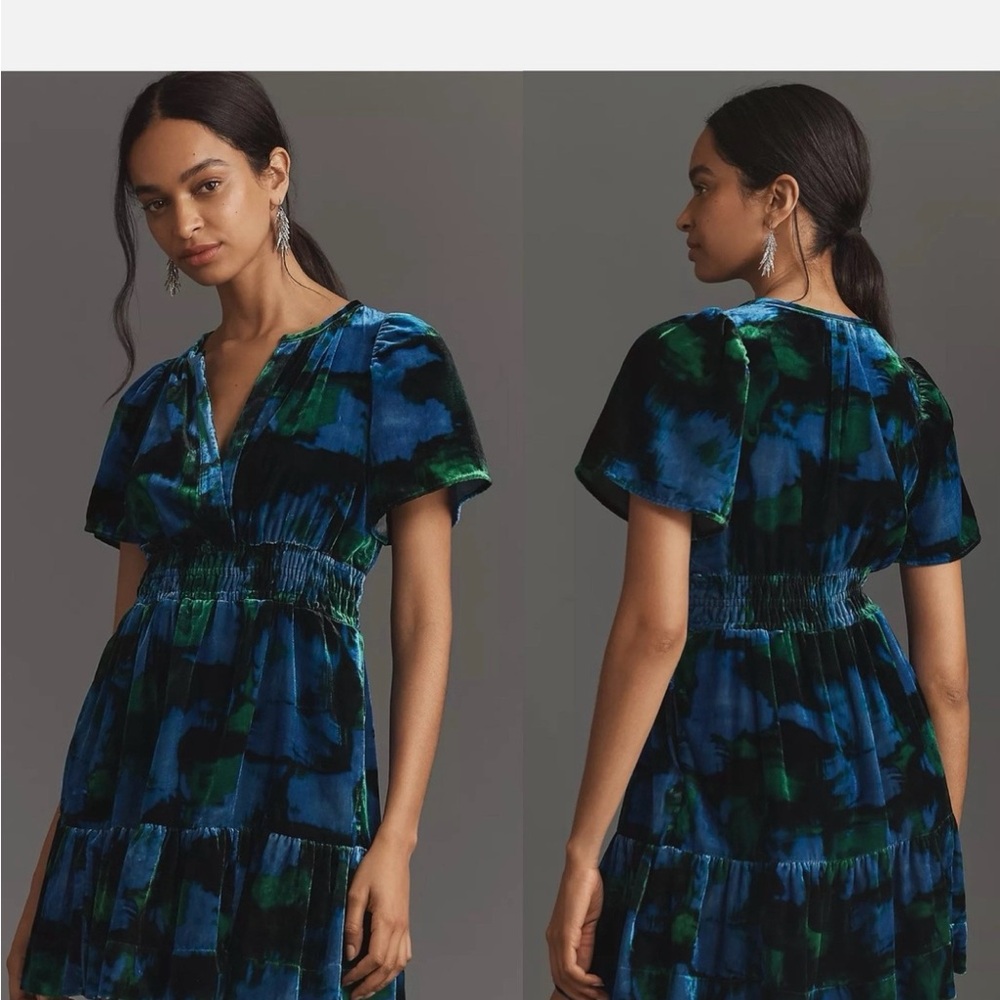 NWT Anthropologie Blue and Green Velvet Dress